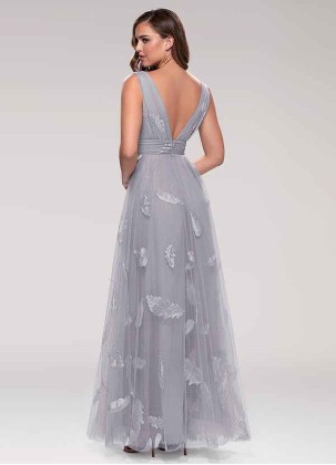 Blush Mark Lost In Paradise Grey Embroidery Tulle Maxi Dress