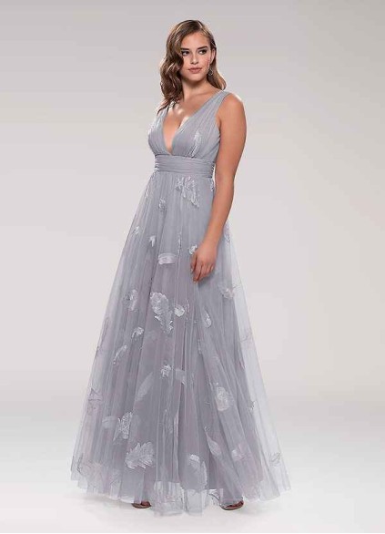 Blush Mark Lost In Paradise Grey Embroidery Tulle Maxi Dress